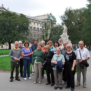 Tour group in front of Mozart's statue on the Eastern European Capitals tour